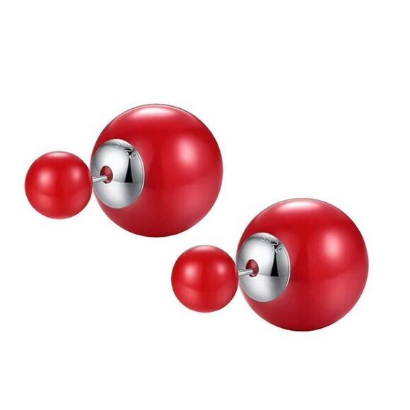 Red Double Ball Stud Earrings Minimalist Chic Double Sided Front Back E… - Picture 1 of 5